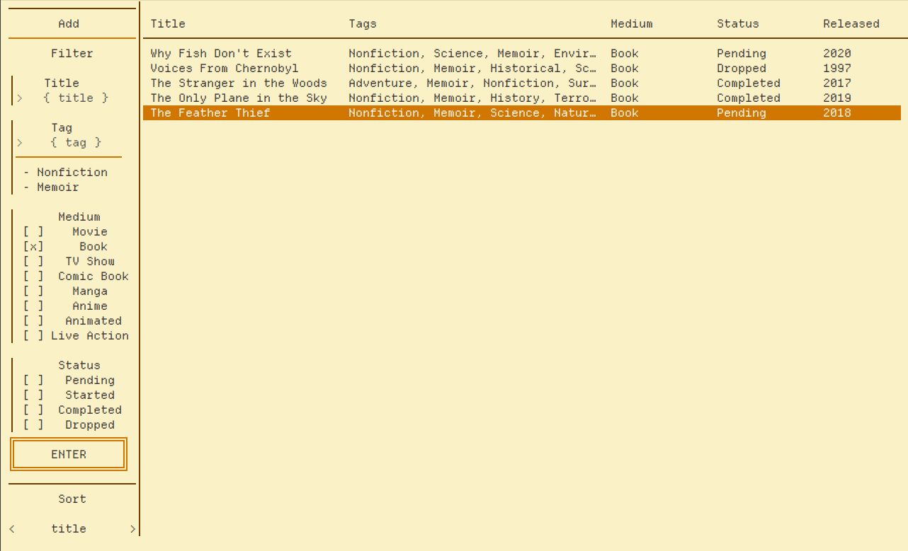 Screenshot of a terminal user interface for the ouevre project.